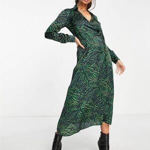 Stradivarius wrap detail midi satin dress in green in Abstract Animal Print